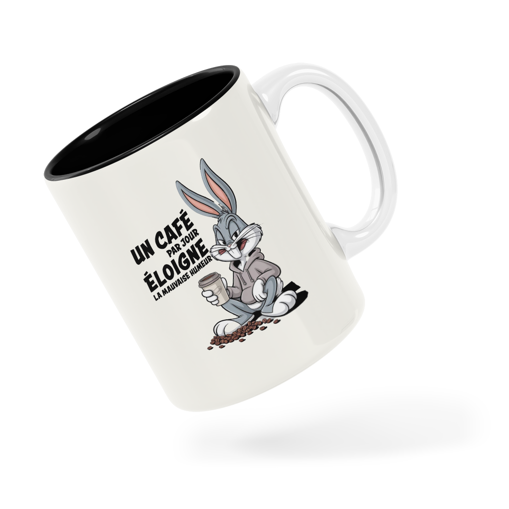 Tasse/mug humoristique - Bugs Bunny, un café par jour éloigne la mauvaise humeur | Komic.ca