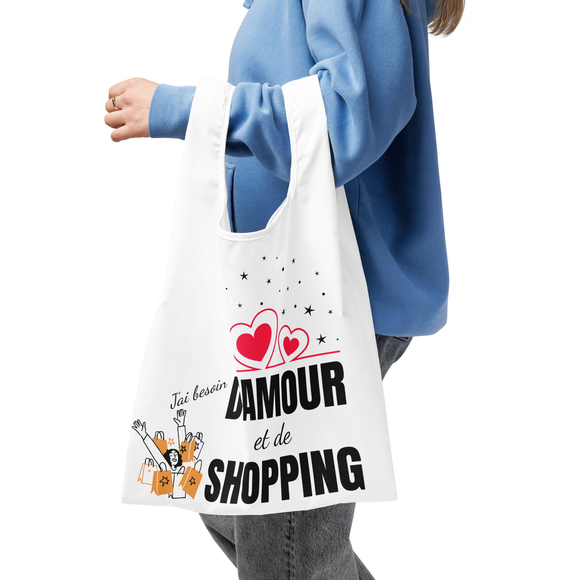 Tote bag humoristique - J'ai besoin d'amour et de shopping | Komic