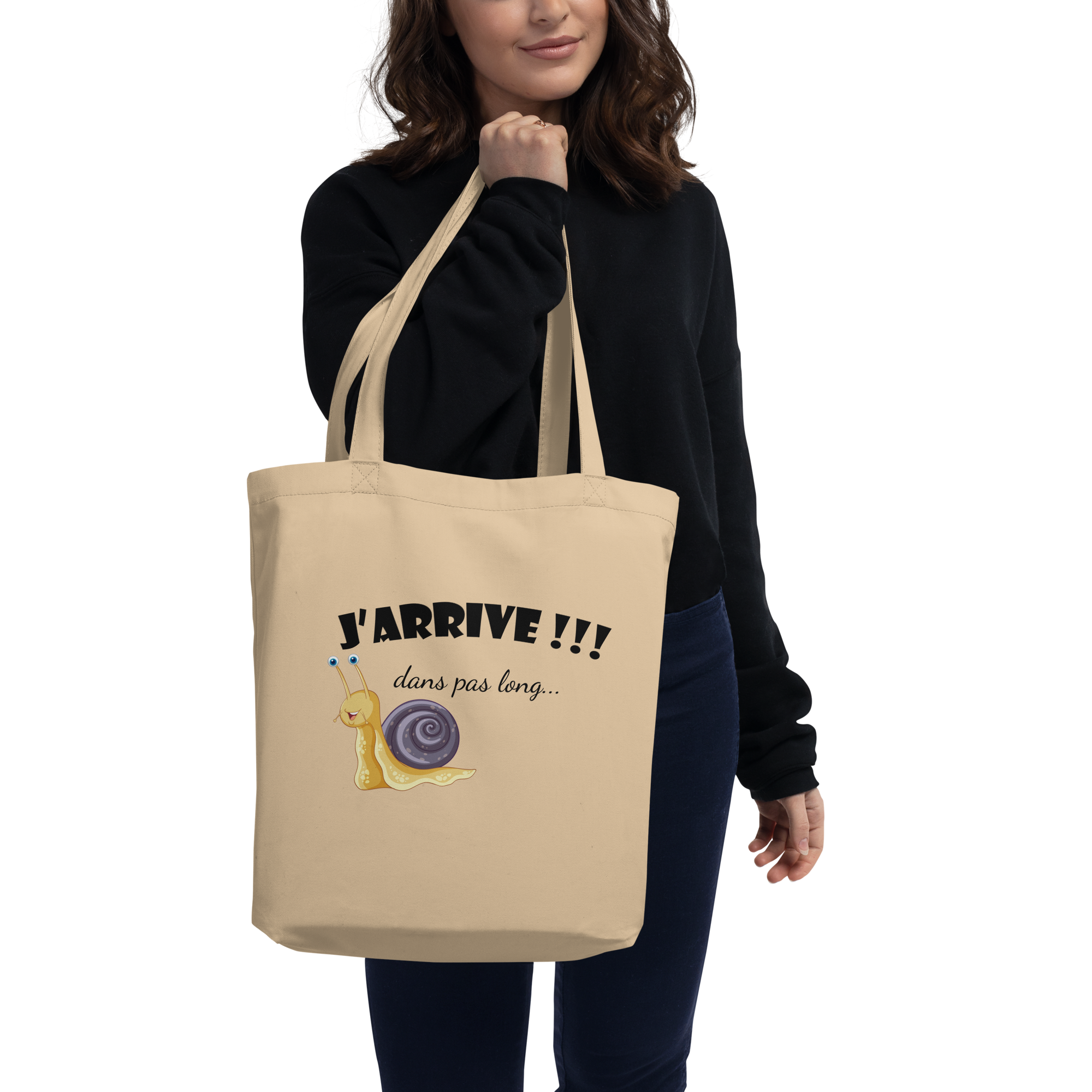 Tote bag bio humoristique - J'arrive... dans pas long ! | Komic