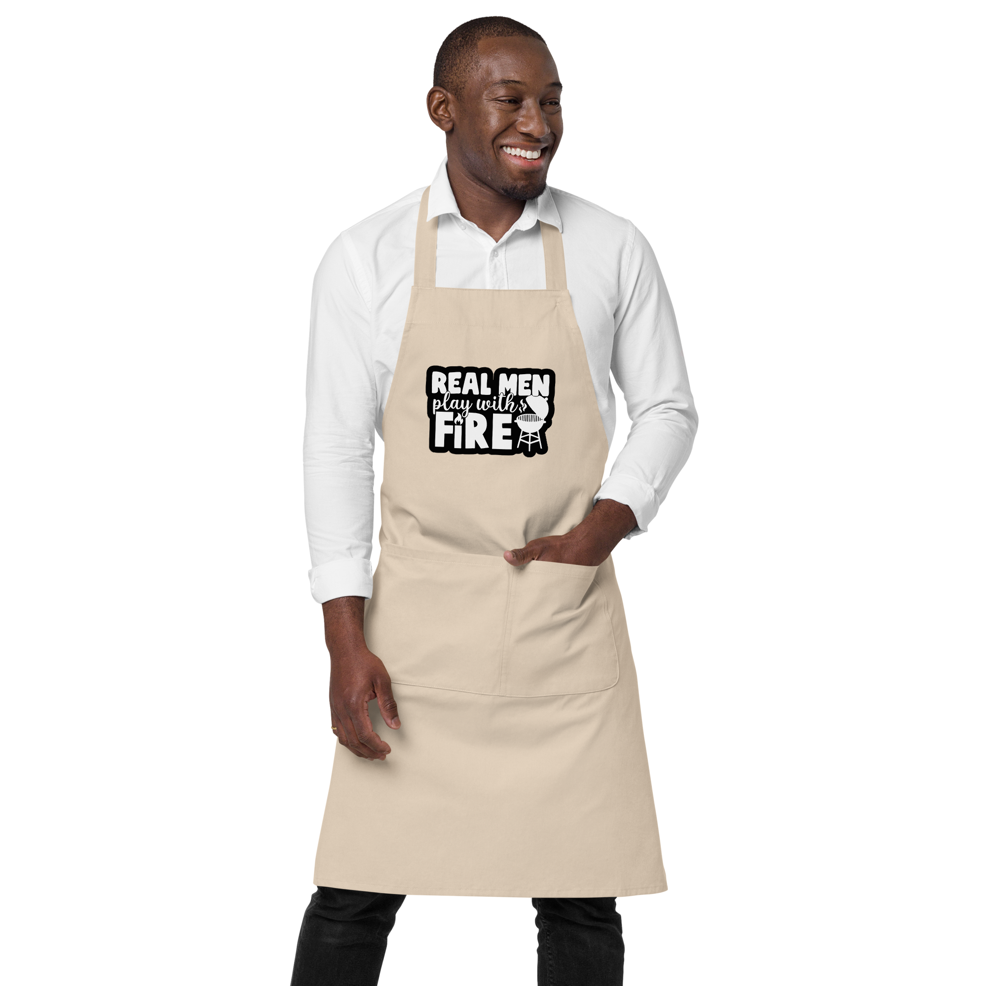 Tablier humoristique - Real men play with fire | Komic.ca