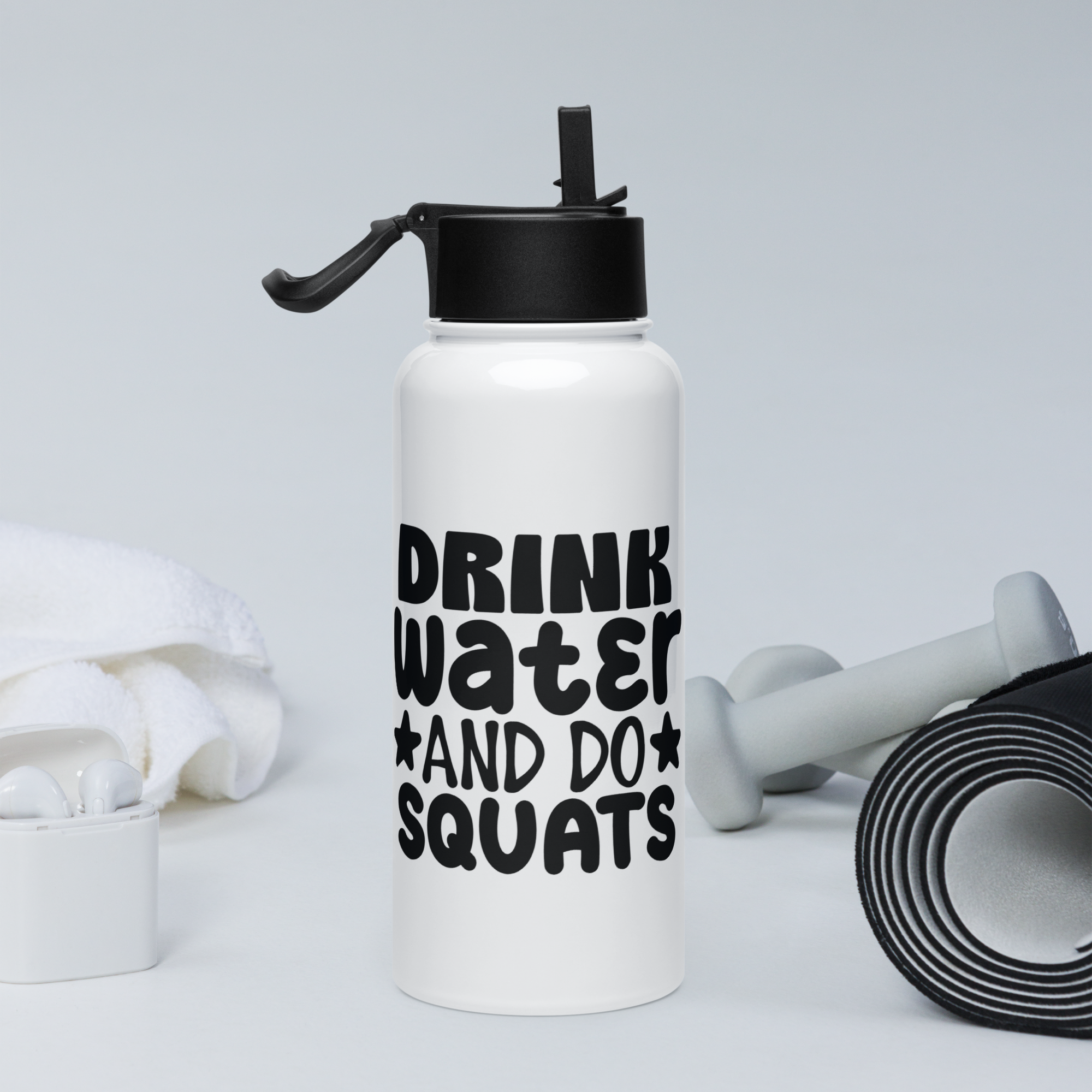 Bouteille d'eau humoristique - Drink water and do squats | Komic.ca