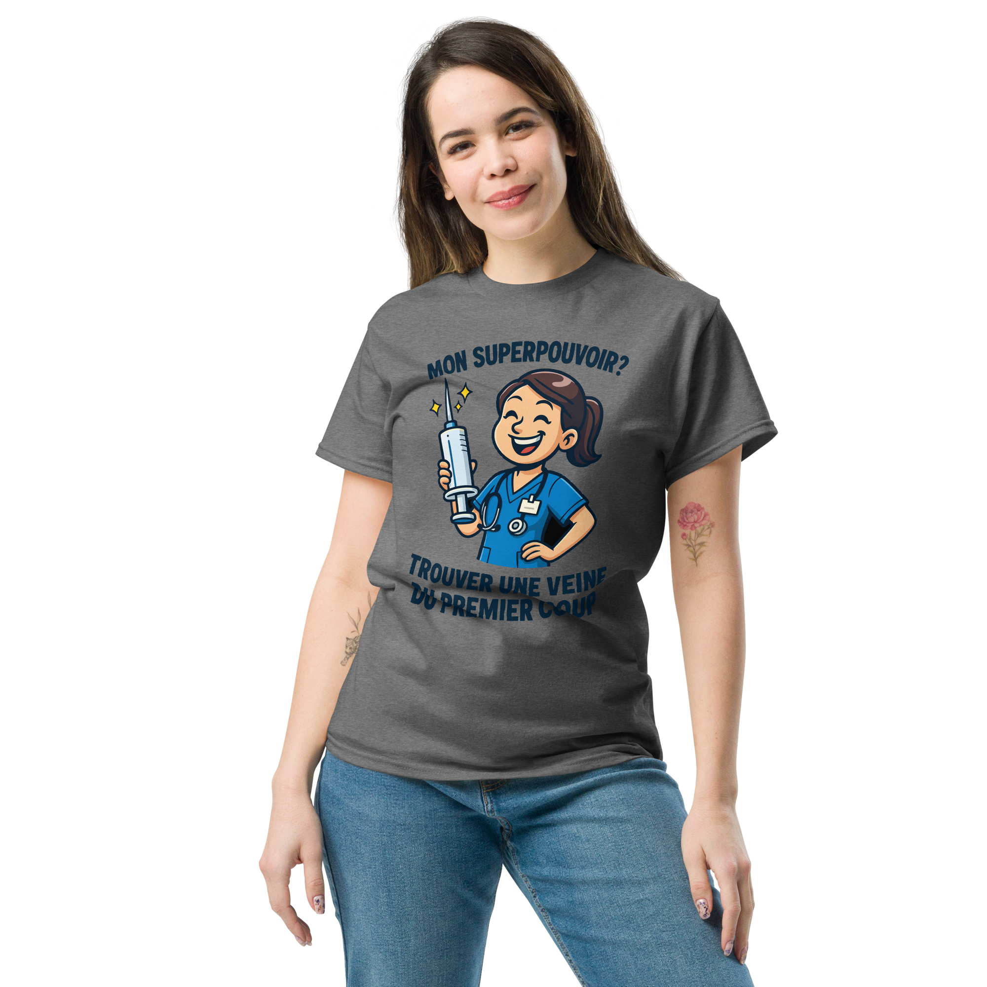 T-Shirt humour - Mon superpouvoir, trouver une veine du premier coup | Komic.ca