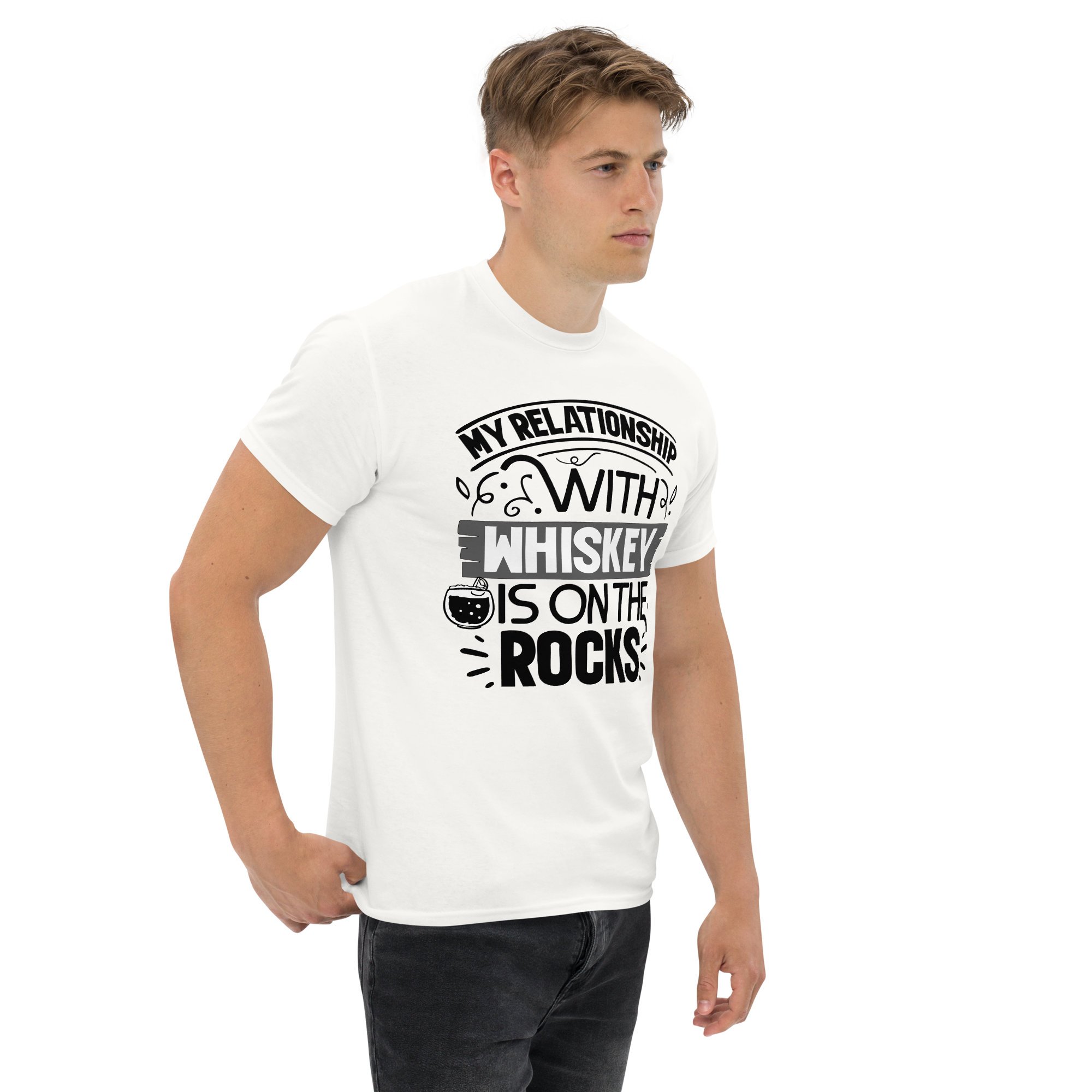 T-shirt humoristique - My relation with whiskey is on the rocks | Komic.ca